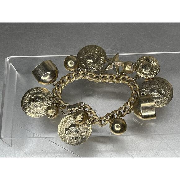 Vintage Gold Charms Roman Coin Charm Bracelet Bells Stars Chunky Statement - Picture 1 of 3